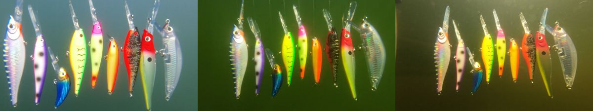 Lure Color by Water Clarity Underwater photo showing how different water clarity changes lure's color